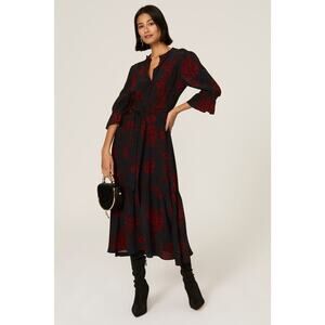Marissa Webb Collective Navy Red Floral Print Belted Button Front Shirt Dress